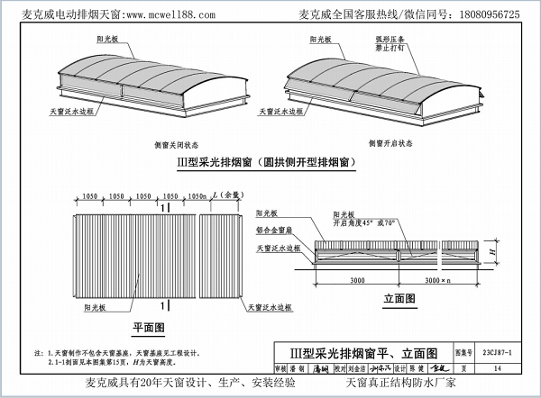 23CJ87-1采光、通风、消防排烟天窗（一）中III型侧开式圆拱型电动采光排烟天窗
